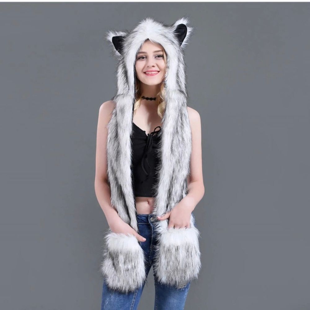 Faux Fur Hat Hood Scarf Full Pockets Ear Flat Cap Hoodie Winter Party Costume